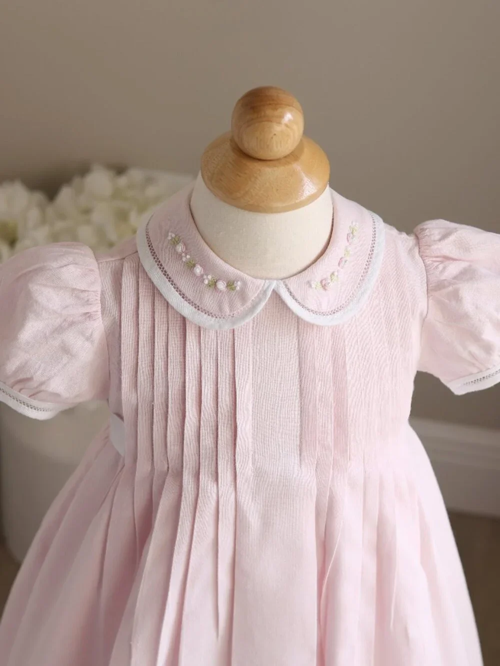 Pink Cotton Linen Heirloom Dress Hand Embroidery Pearls Tucks 2T Rare Find Like